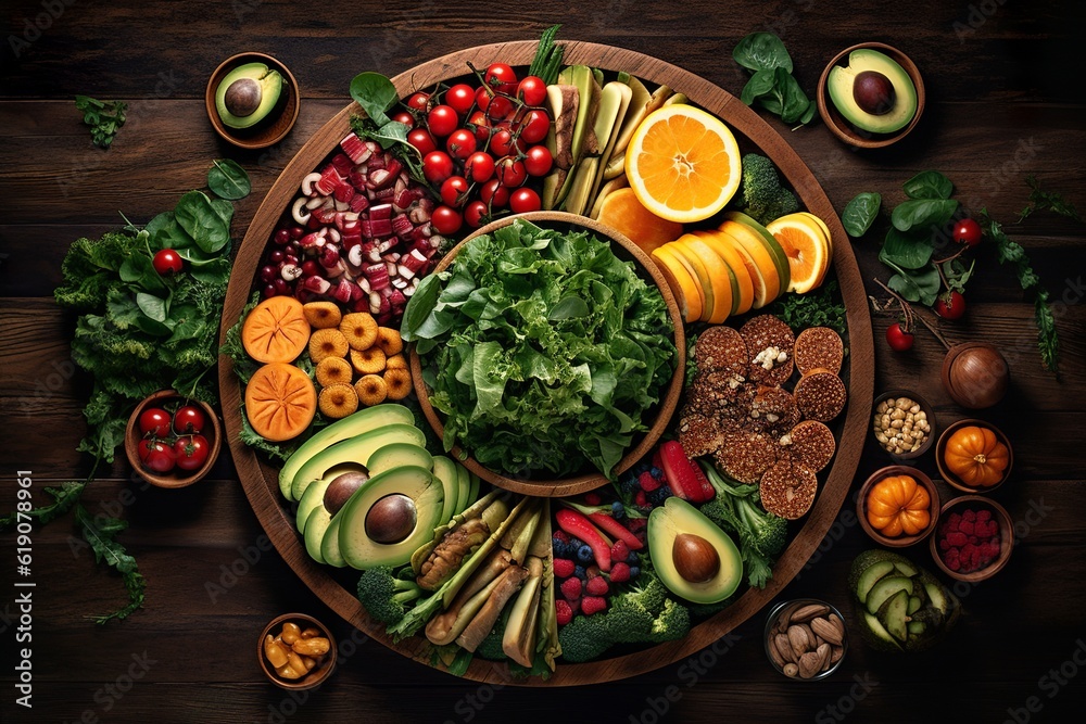 various fresh healthy vegetables and fruits on the table, flatlay composition background, generative ai