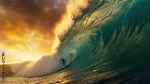 illustration of a man riding a wave on a surfboard, created with Generative Ai Technology