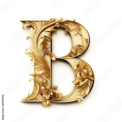 Ornamental, floral, decorated capital letter B. AI-generated art.