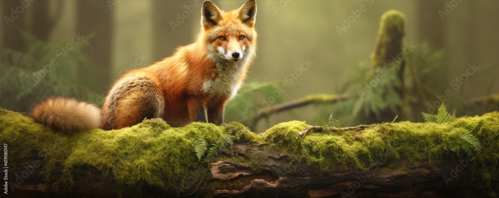 An adult fox on an old tree in a dense forest.generative ai