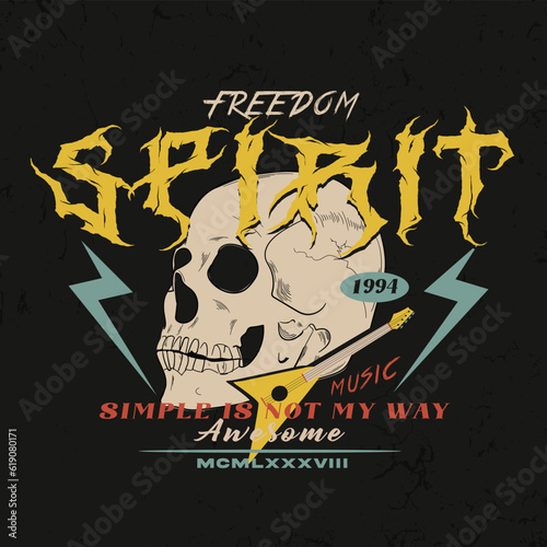 Rock music theme graphic with skull illustration for t shirt and other uses.