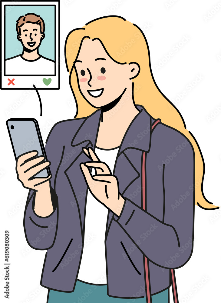 Woman uses dating app on mobile phone, choosing guy likes by photo and browsing profile Woman uses dating app on mobile phone, choosing guy likes by photo and browsing profile