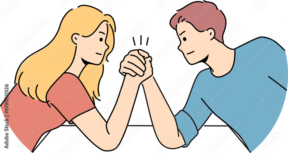 Arm wrestling between couple of man and woman for concept of fighting for leadership in family Arm wrestling between couple of man and woman for concept of fighting for leadership in family