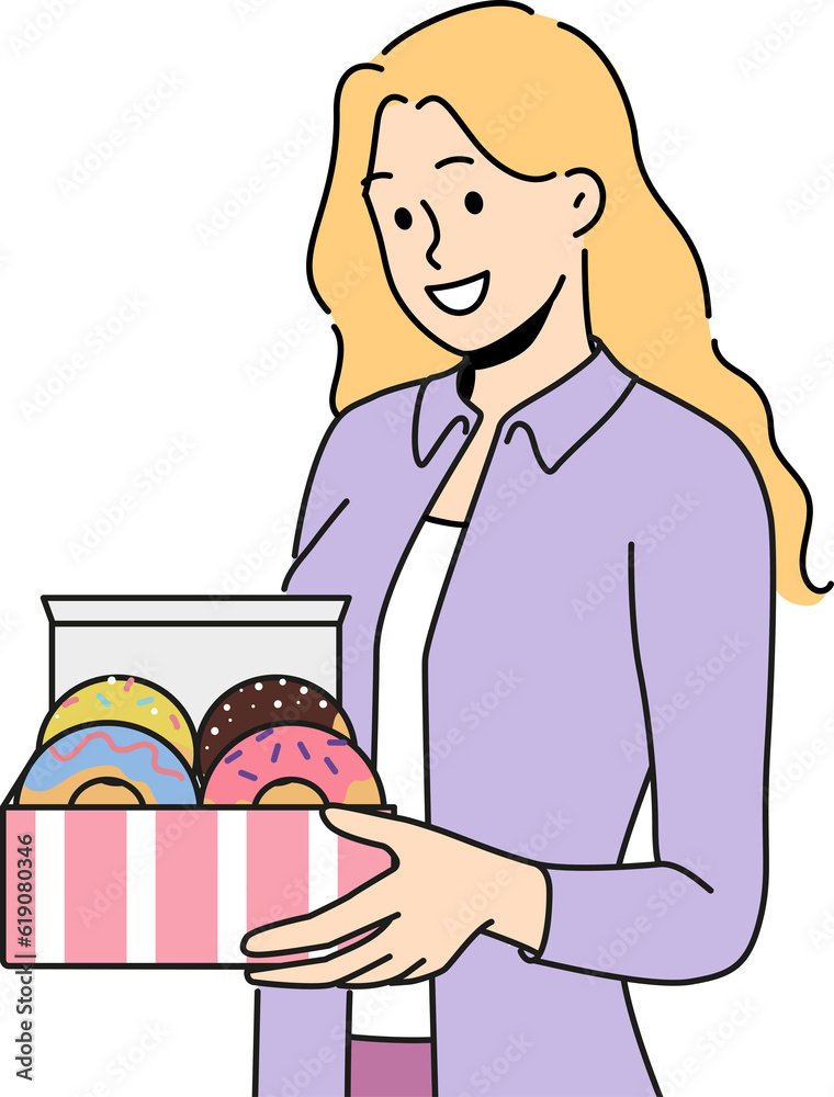 Woman holds donuts in box offering breakfast with sweet pastries with fruit or chocolate icing Woman holds donuts in box offering breakfast with sweet pastries with fruit or chocolate icing