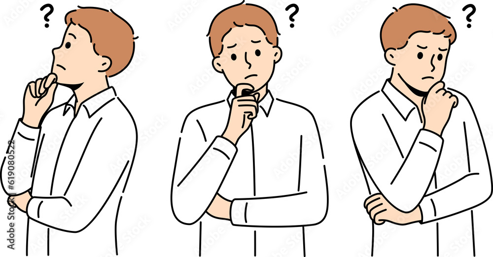 Male employee feel confused look for problem solution Male employee feel confused look for problem solution