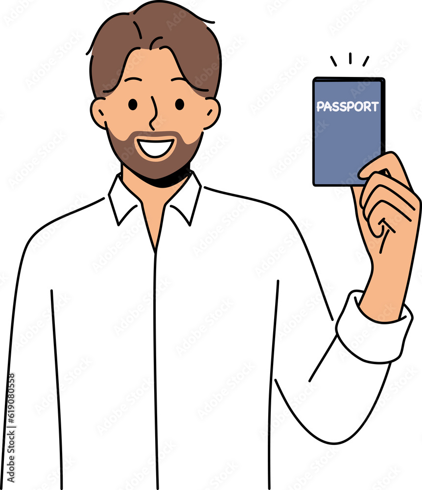 Smiling bearded man showing passport Smiling bearded man showing passport