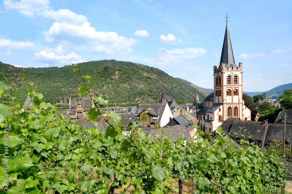 view of beautiful ancient European German Bacharach city, Old Post Compound With Postenturm, Grape Escape Rhine Valley, slate roofs of old half-timbered houses, wine tourism in Rhineland-Palatinate