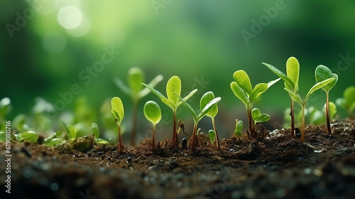 young plants growing up on ground with raining drop, save would and green green environment concept, Generative Ai