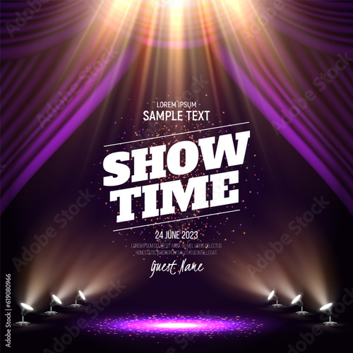 Purple curtain illuminated by spotlights. Vector illustration.