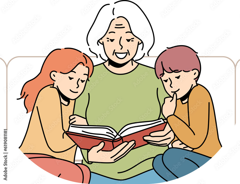 Caring grandmother reading book to little grandchildren