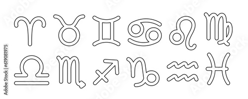 Zodiac astrology horoscope signs outline design set. Elegant line art symbols and icons of esoteric templates for logo or poster isolated on white background