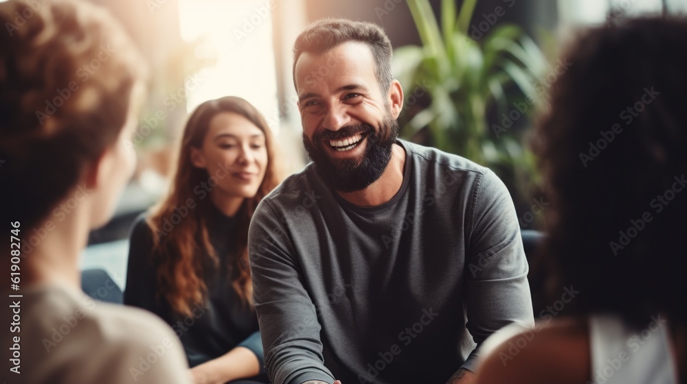 Fototapeta premium Professional therapists conduct an open group session and a comforting smile, emphasizing the importance of mental health and counseling. Generative ai