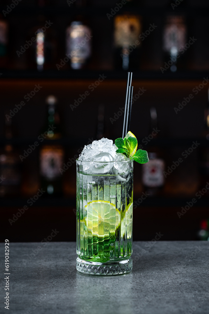 Mojito cocktail with lime slices, mint and ice cubes. Mojito cocktail with lime slices, mint and ice cubes.