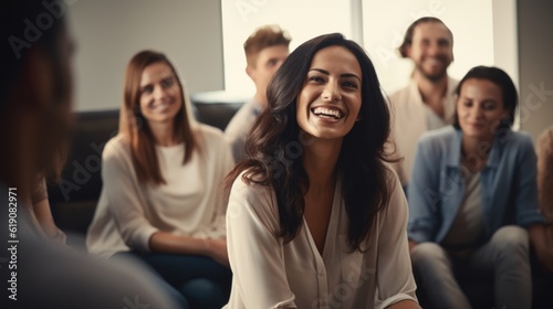 Professional therapists conduct an open group session and a comforting smile, emphasizing the importance of mental health and counseling. Generative ai