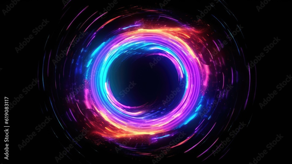 Obraz premium Vortex of neon lights with black hole center isolated on black background, created with Generative Ai Technology