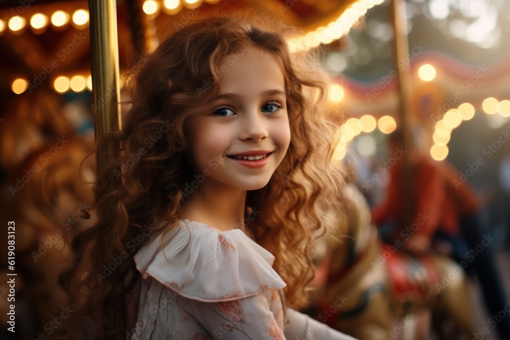 A young girl was excited and happy while on a carousel, merry-go-round, and having fun during summer vacation at an amusement park. Generative ai.