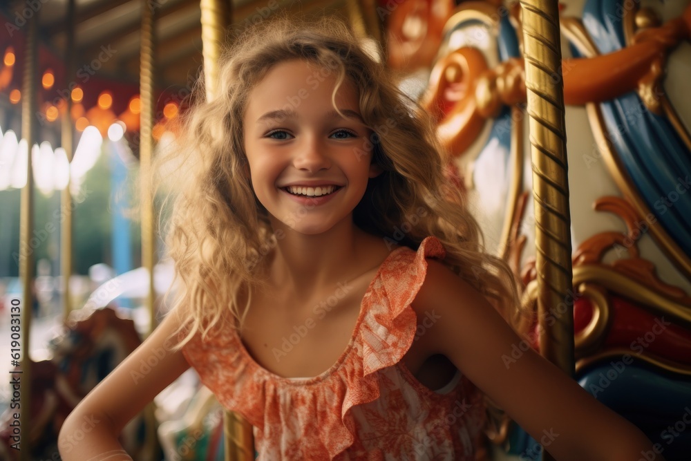 A young girl was excited and happy while on a carousel, merry-go-round, and having fun during summer vacation at an amusement park. Generative ai.