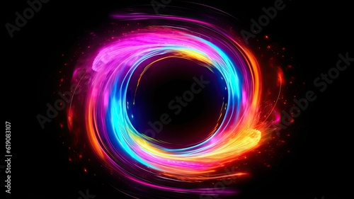Vortex of neon lights with black hole center isolated on black background, created with Generative Ai Technology