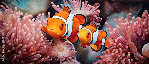 A photorealistic underwater composition featuring a school of exotic and brightly colored fish swimming among delicate sea anemones, creating a mesmerizing display of aquatic life. Generative AI. 