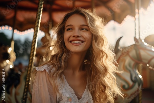 A young girl was excited and happy while on a carousel, merry-go-round, and having fun during summer vacation at an amusement park. Generative ai. © Kowit