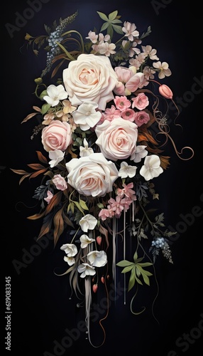 An oil painting background capturing the delicate and intricate details of a cascading bridal bouquet, with soft pastel flowers against a black backdrop, elegance and wedding bliss. Generative AI. 