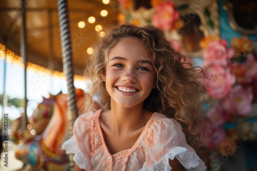A young girl was excited and happy while on a carousel, merry-go-round, and having fun during summer vacation at an amusement park. Generative ai. © Kowit