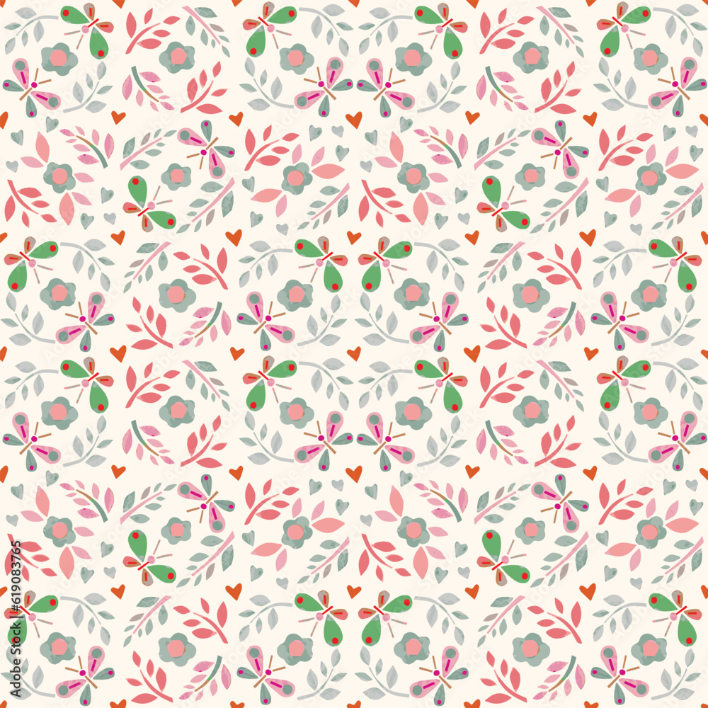 vector pattern with textural flowers and butterflies. 