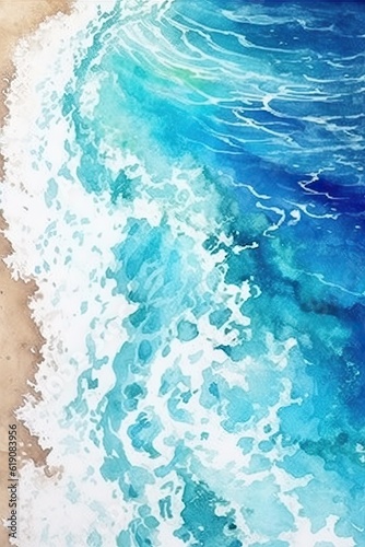 Watercolor illustration of white waves on blue water at the beach, created with Generative Ai Technology