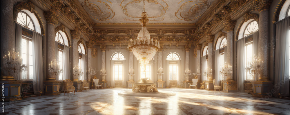 A classic European style palace, with gold decorations. wide format, Hand edited generative AI.
