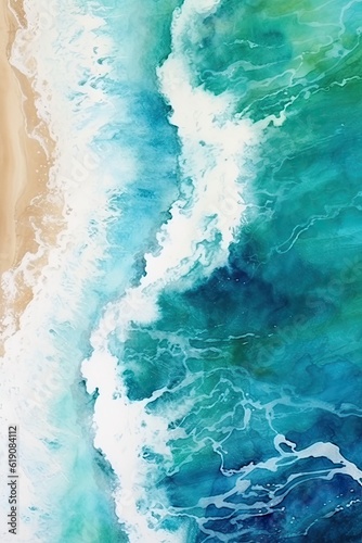 idyllic beach and sparkling ocean from a bird's eye view, created with Generative Ai Technology
