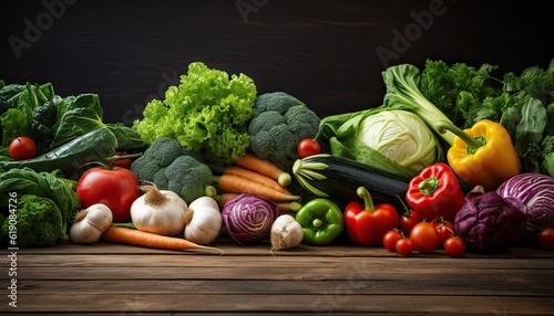 organic harvest vegetables. Vegetarian ingredients for cooking on dark rustic wooden background, top view