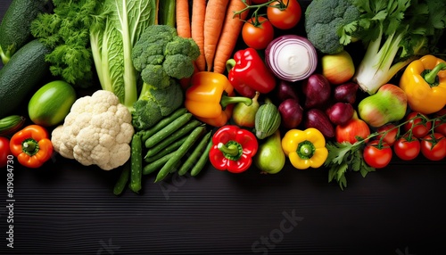 organic harvest vegetables. Vegetarian ingredients for cooking on dark rustic wooden background, top view