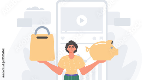 The Guy holds a hoggish save bank and a stigmatize basket in his bridge actor . digital grocery store memory shop shop denounce memory patronize class class memory stigmatize concept.