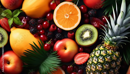 food background with assortment of fresh tropical fruits