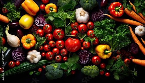 organic harvest vegetables. Vegetarian ingredients for cooking on dark rustic wooden background  top view