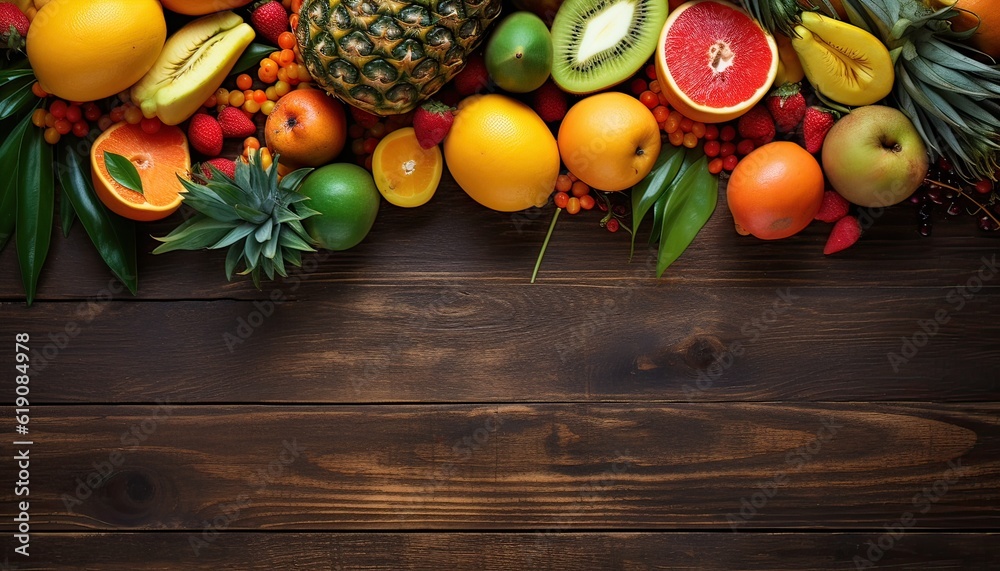 fresh tropical fruits on dark rustic wooden background fresh tropical fruits on dark rustic wooden background