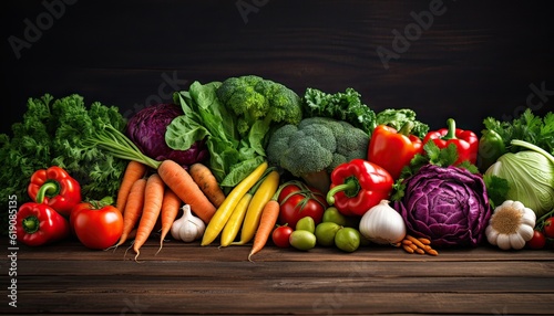 organic harvest vegetables. Vegetarian ingredients for cooking on dark rustic wooden background, top view