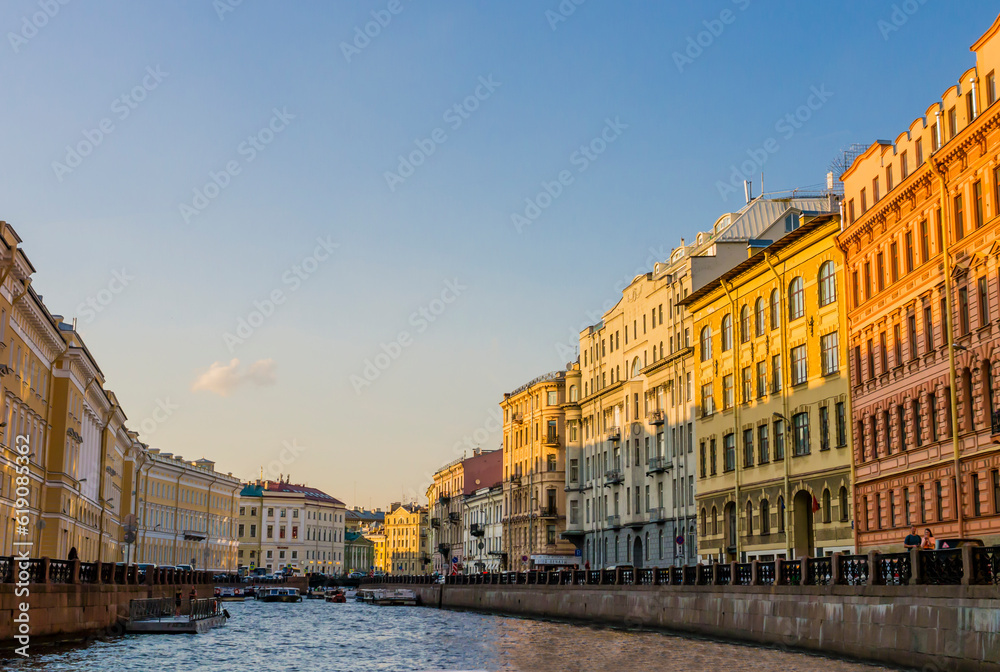 Stunning view of Moyka river flowing through the monumental palaces of Saint Petersburg, Russia