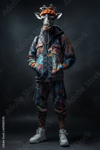 Fashion giraffe wearing large hiphop clothes from the 1980s and sneakers. Generative ai.
