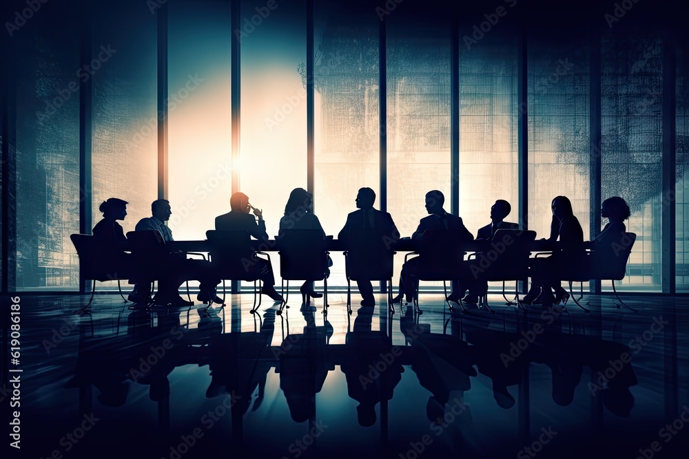 Several people at table gathered around conference table in style of silhouette lighting Generative AI illustrations Several people at table gathered around conference table in style of silhouette lighting Generative AI illustrations