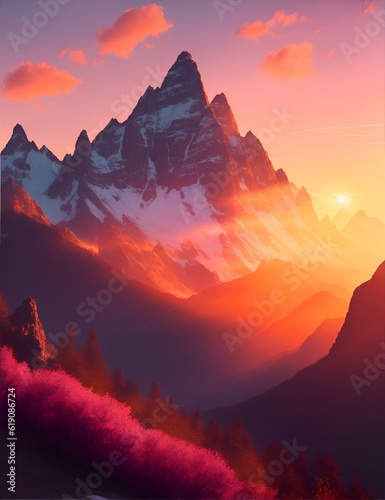 Wallpaper Mural Photo of a stunning sunset over majestic mountains