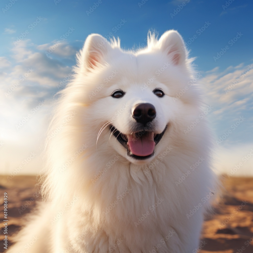 White Samoyed dog portrait. The Samoyed dog makes a variety of naughty and lovely, happy and sad expressions. Generative Ai. White Samoyed dog portrait. The Samoyed dog makes a variety of naughty and lovely, happy and sad expressions. Generative Ai.
