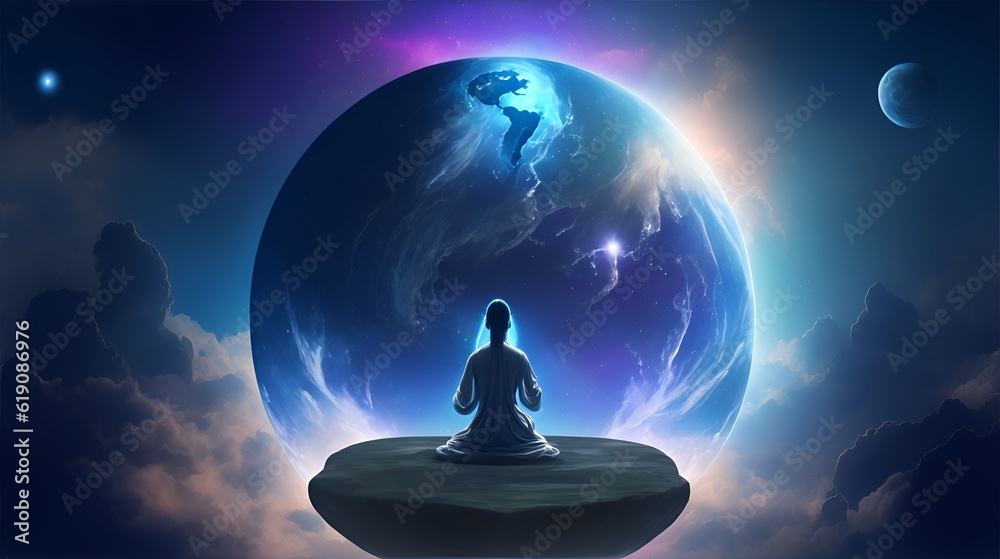 Photo of a person meditating in front of the Earth, connecting with nature and finding inner peace Photo of a person meditating in front of the Earth, connecting with nature and finding inner peace
