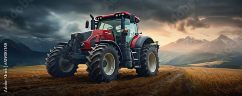 Farm equipment, tractor standing in the field. generative ai