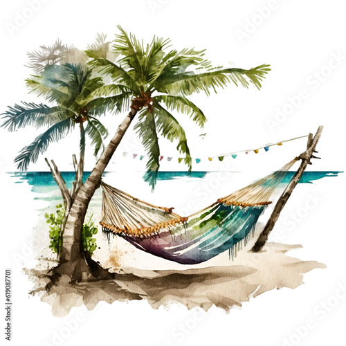 Watercolor painting hammock on the beach, vacation Generative AI, png image.