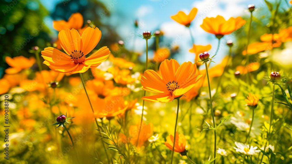 Obraz premium Fleurs oranges dans le jardin ensoleillé - Générative IA