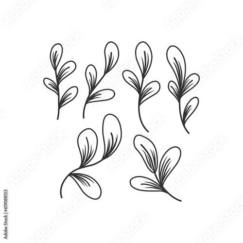 Floral branch and minimalist leaves for logo or tattoo. Hand drawn line wedding herb  elegant wildflowers. Minimal line art drawing for print  cover or wallpaper