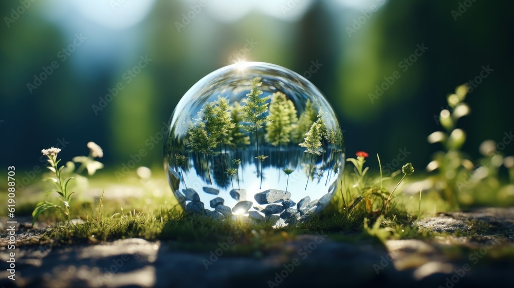 Globe planet glass In a green forest with bokeh nature lights. world environment day. the concep for environment conservation, protect ecology earth and eco-friendly environmental life. Generative Ai. Globe planet glass In a green forest with bokeh nature lights. world environment day. the concep for environment conservation, protect ecology earth and eco-friendly environmental life. Generative Ai.