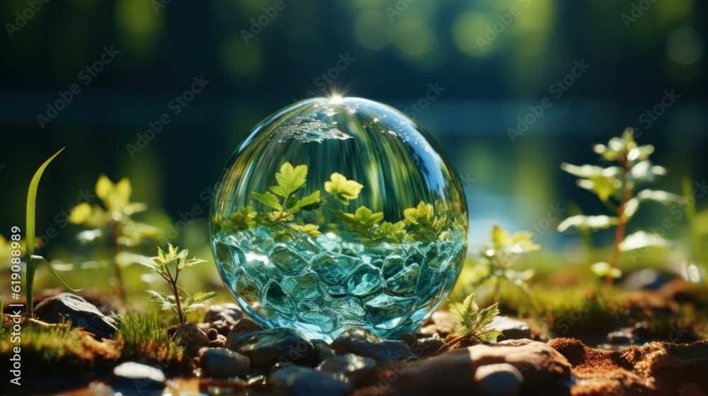 Globe planet glass In a green forest with bokeh nature lights. world environment day. the concep for environment conservation, protect ecology earth and eco-friendly environmental life. Generative Ai. Globe planet glass In a green forest with bokeh nature lights. world environment day. the concep for environment conservation, protect ecology earth and eco-friendly environmental life. Generative Ai.
