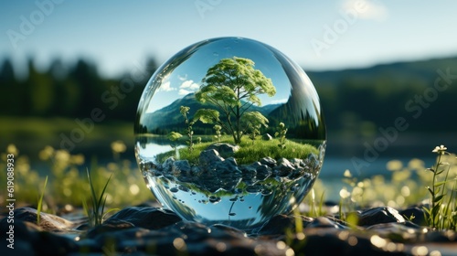 Globe planet glass In a green forest with bokeh nature lights. world environment day. the concep for environment conservation  protect ecology earth and eco-friendly environmental life. Generative Ai.